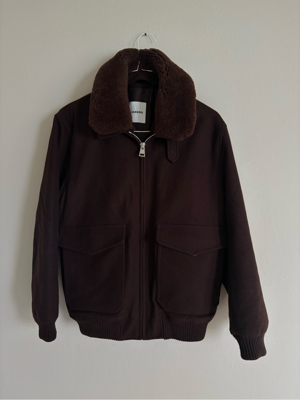 SANDRO Men's Brown Bomber Jacket with Faux Fur Removable Collar